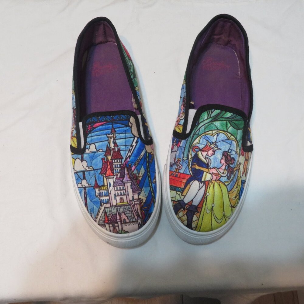 Disney Beauty and the Beast Stained Glass Themed Slip On Sneakers Size 7-8 Med